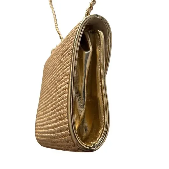 La Regale Woven Straw Grass Handbag Purse Gold Tone Hardware Vintage Chain Strap - Picture 6 of 8